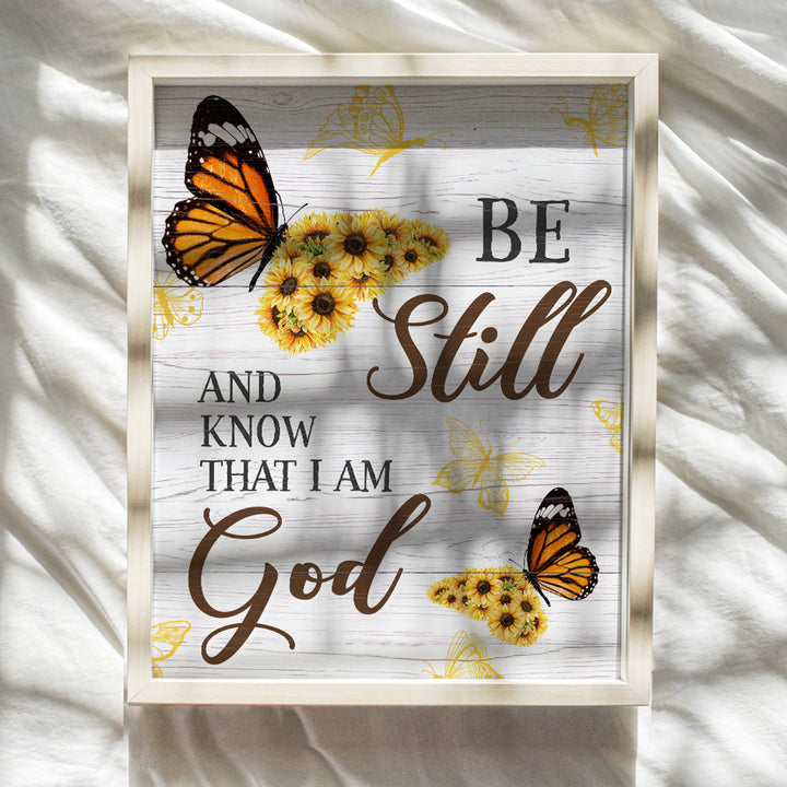 Be Still And Know That I Am God - Psalm 46 - Religious Scripture Bible Verse Wall Decor Sign - Christian Gifts for Women - Inspirational Country Farmhouse Rustic Sunflower - Boho Butterfly Wall Art