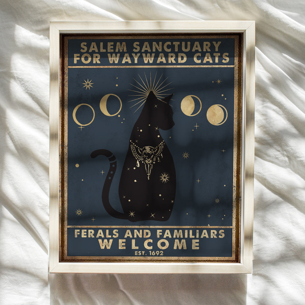 Yellowbird Art & Design Black cat Wall Art - Salem Sanctuary for Wayward Cats - Witchy Room Decor, Gifts - Pagan Decor - Celestial Decor - Wiccan, Wicca, Witch, Goth, Halloween Poster 8x10 UNFRAMED