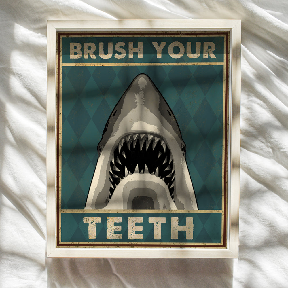 Boys Bathroom Wall Art & Decor - Brush Your Teeth Kids Bathroom Decor - Beach Bathroom Decor - Funny Shark Bathroom Decor - Bath Wall Decor - Unique Restroom Sign - Bathroom Pictures Poster Prints