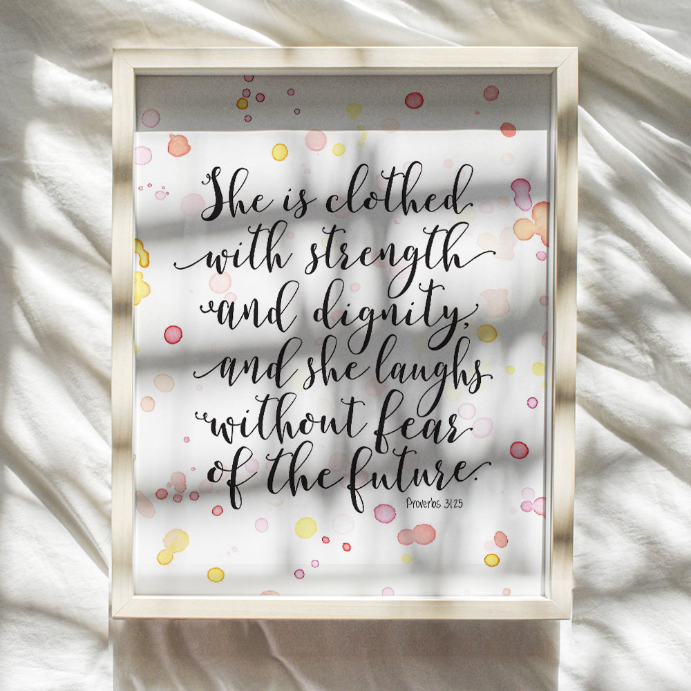 She Is Clothed With Strength And Dignity Wall Art - Proverbs 31 - Scripture Wall Art - Christian Wall Art - Religious Decor - Bible Verse Gifts - Encouragement Gifts for Women - Inspirational Quotes