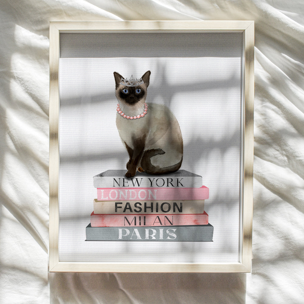 Fashion Design Cat Wall Decor - Poster of Book - Glam Siamese cat Wall Decor for Living room, Bedroom - Glamour Couture Cute Cat Gift for Woman, Girl - Designer Wall decoration