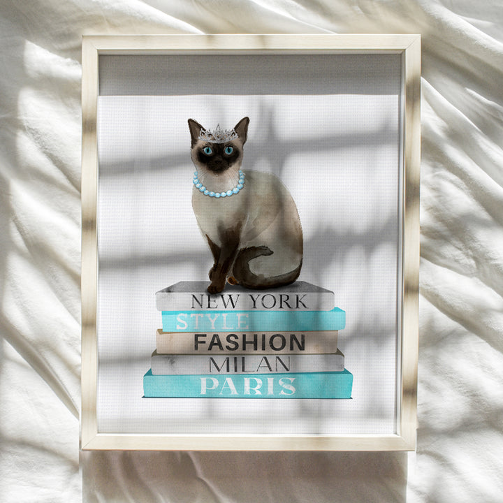 Blue Cat Wall Art & Decor - Poster of Glamour Haute couture Books - Glam Siamese cat Wall Decor for Living room, Bedroom - Cute Fashion Design Cat Gifts for Women, Girls - Designer Wall decoration