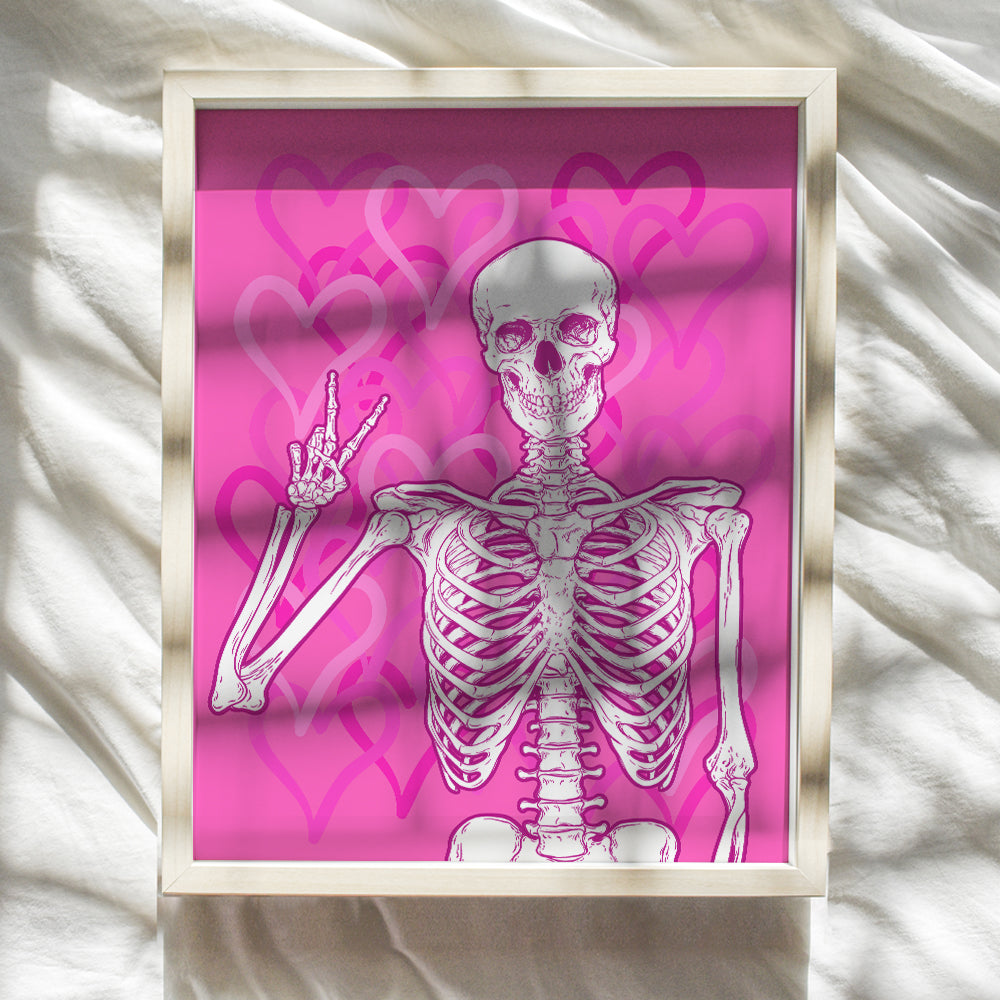 Cute Skeleton Wall Art - Preppy Room Decor Aesthetic - VSCO Pop art Room Decor - Pink Hearts Trendy Room Decor - Yellowbird Art & Design - Dorm Room Girls Bedroom peace sign Decor - Halloween Poster