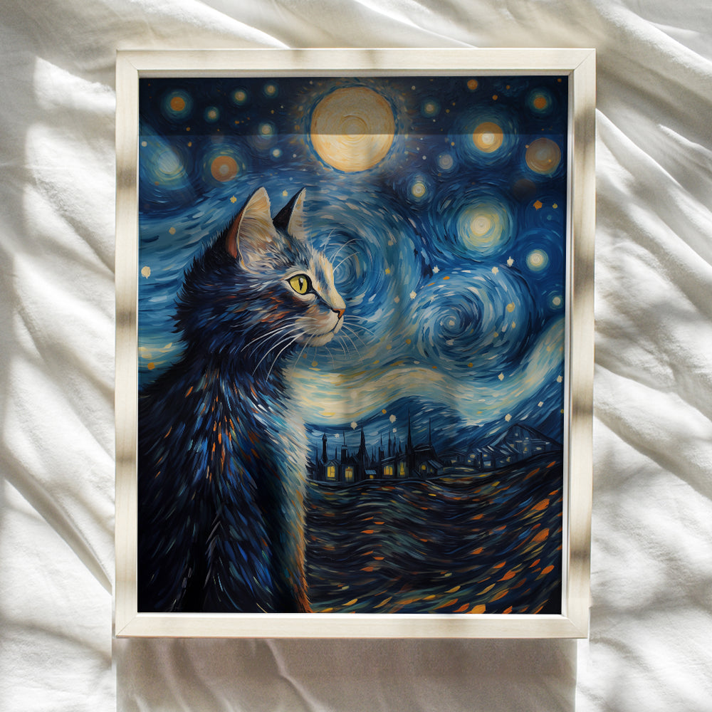 Black cat van Gogh Wall Art - Vincent van Gogh Starry Night - Cute Cat Wall Decor for Cat Mom - Cat Themed Gifts for Women - Cat Decor - Cat Stuff Cat Lover Gifts Cat Room Decor - van Gogh Poster