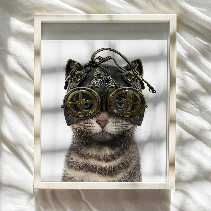 Gothic Steampunk Cat in Goggles, Gears - Cat Wall Art - Steampunk Decor - Gothic Home Decor - Cute Cat Lover Gifts for Kitty Kitten Pussycat Victorian Renaissance Fan - 8x10 Cat Poster Picture