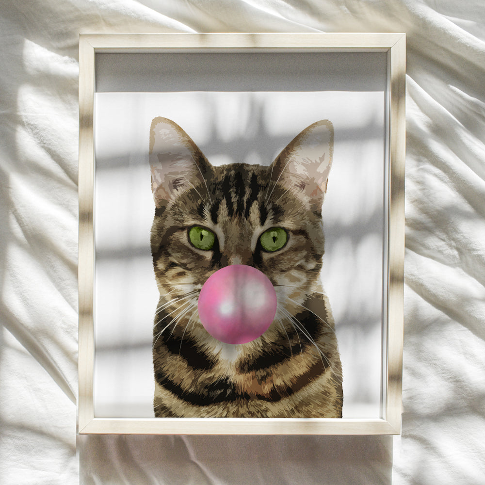 Tabby Cat Bubblegum - Funny Cat Home Decor - Cat Gifts for Women - Cat Wall Art - Cat Wall Decor - Cat Poster 8x10 - Cat Lover Gifts Wall Decor - Cat Themed Gifts - Kitty Cat Decorations