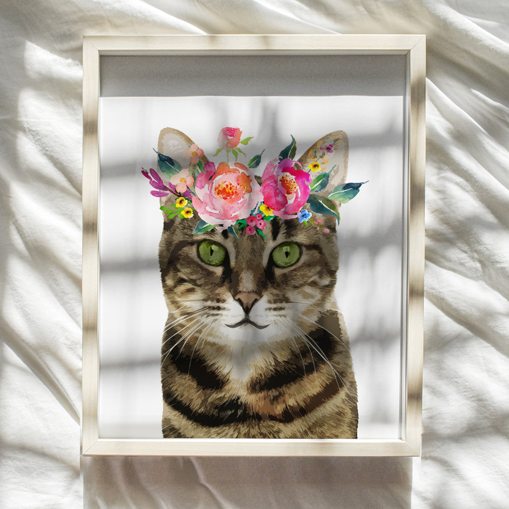 Tabby Cat Wall Art Decor - Kitten, Kitty, Cat Lover Gifts for Women - Cute Floral Wall Art Poster - Adorable Room Decoration for Girls Bedroom, Kids Room, Living Room, Baby Nursery