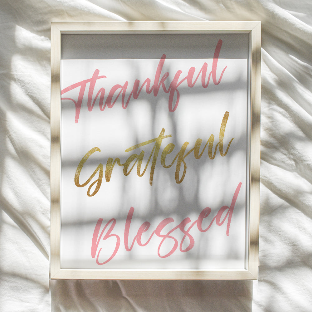 Thankful Grateful Blessed Wall Decor - Girls Room Decor - Christian Gifts - Baby Nursery Wall Art - Motivational Quotes Wall Decor for Women- Family Room Decor - Blessed Sign Inspirational Wall Decor