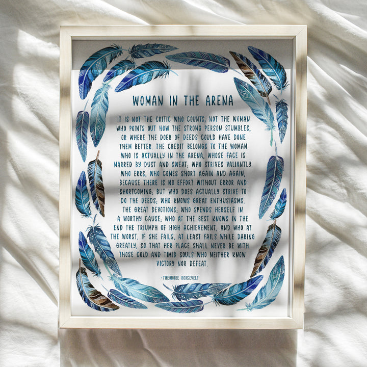 Man In the Arena Wall Art - Inspirational Gifts for Women - Positive Quotes Wall Decor - Motivational Posters 8x10 - Encouragement Gifts for Empowered Women - Blue Boho Bohemian Feather Wall Decor