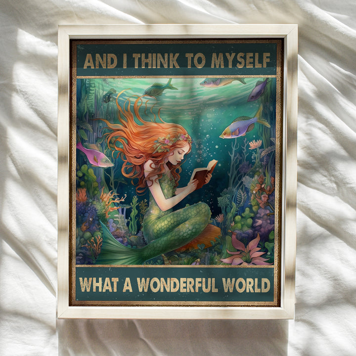 Mermaid Decor Wall Art for Girls - positive Quotes Wall Decor for Women, Teens - Ocean, Lake House, Beach, Coastal, Nautical Decor - And I Think to Myself What a Wonderful World - Inspirational quote