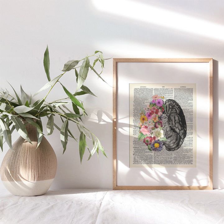 Vintage Flower Brain Dictionary Art - Human Anatomy Poster Home Decor - Shabby-chic Wall Art for Living Room, Bathroom, Womens Bedroom - Aesthetic Eclectic Indie Trendy Room Decor - UNFRAMED