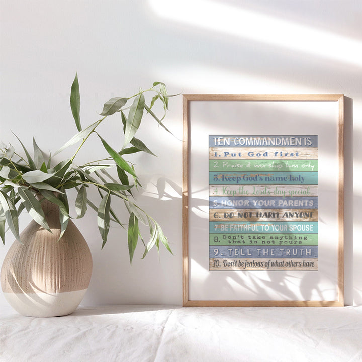 Ten Commandments Wall Decor - 10 Commandments Wall Art - Rustic Boho Religious Scripture Bible Study Plaque - 8x10 Inspirational Posters - Christian Gifts for Women, Men, Home Office - Unframed Print