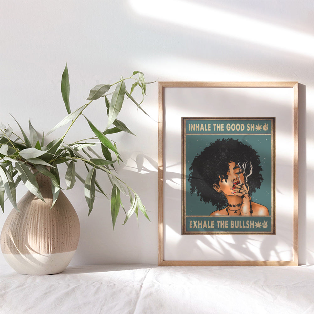 Black women Inhale Exhale Art - African American Girls Smoking Weed - Afro Room Decor - Cannabis Pot Stoner Gifts - Funny Saying - Smoker Wall Art - Empowerment - Trippy Room Decor for Stoners