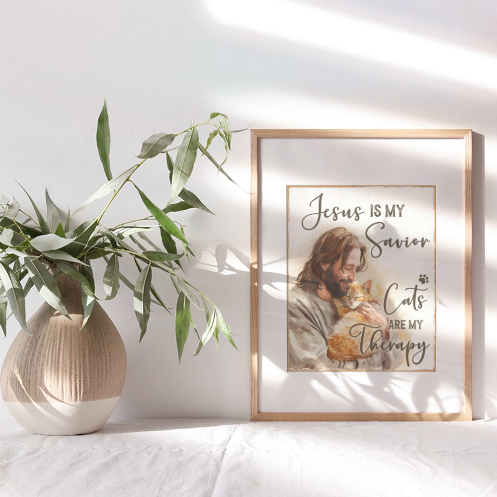 Jesus Christ Cat Wall Art & Decor - Cat Lover Cute Cat Christian Wall Decor - Christian Gifts for Girls, Cat Mom, Cat Dad - Religious Farmhouse Style spiritual Home Decor - Rustic funny Quotes Decor