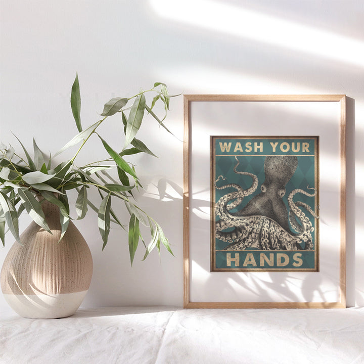 nautical Bathroom Wall Art - Beach Coastal Octopus Bathroom Decor - Wash Your Hands Sign - Funny Bathroom Decorations - Small Bathroom Wall Decor - Cute Restroom Pictures - Powder Room Poster