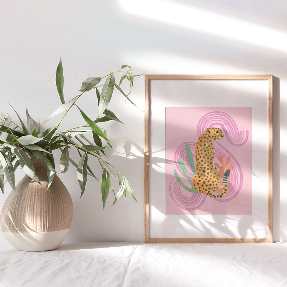 Mid Century Modern Abstract Cheetah - Pink Boho Wall Art - Minimalist Gallery Wall Decor - Aesthetic Room Decor - Bohemian Bedroom Decor - Living room Wall Collage - Geometric - Home Decor