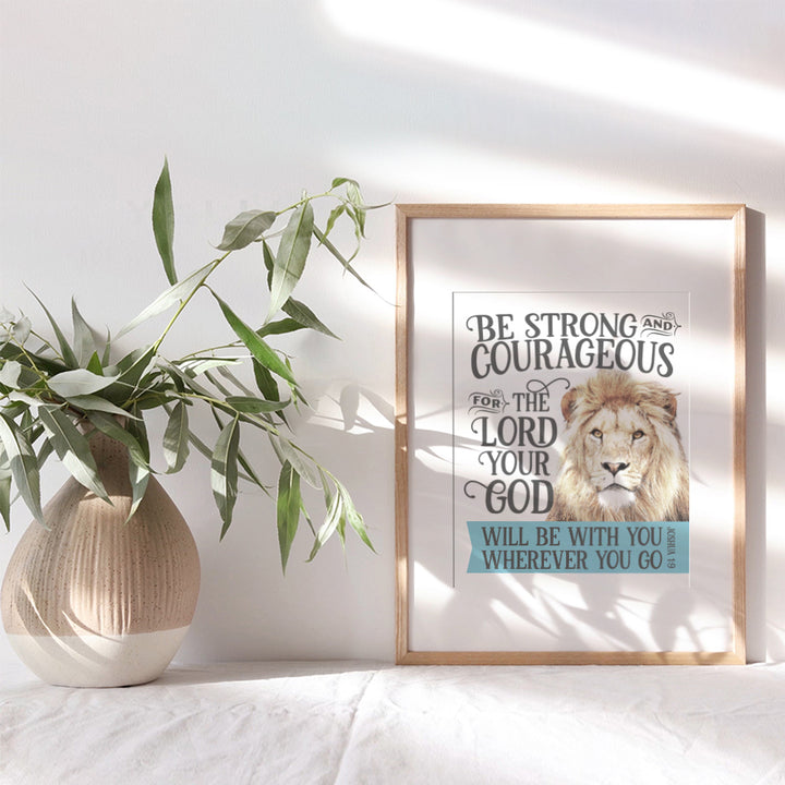 Bible Verse Christian Wall Decor - Lion Scripture Decor - Motivational, Sayings, Inspirational Quotes - Religious Art - Christian Wall Art for Men, Boys Bedroom, Teen Room - Joshua 1 9 God Decor