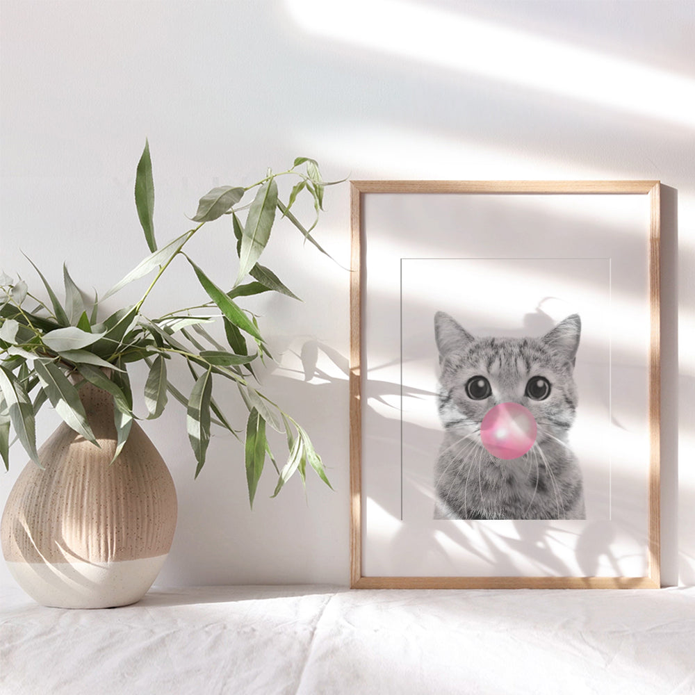 Tabby cat Wall Art - Cute Cat Nursery Wall Decor for Girls Bedroom, Kids Room - Pink Girly Kitty, PussyCat, Kitten Art - Cat Lover Gifts for Women - Adorable Cat Wall Art for Girl - Unframed