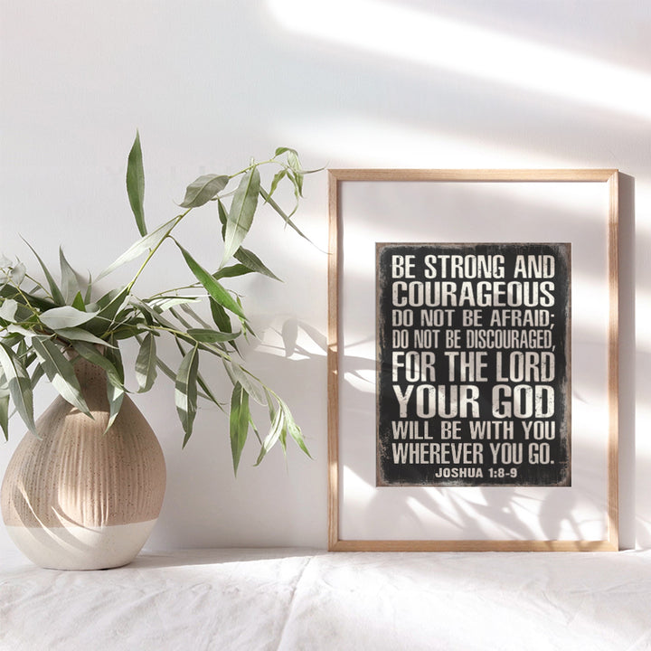 Christianity Wall Art - Inspiration Bible Verse Poster for Man Cave - Masculine Religious Decor - Motivation Scripture Wall Decor - Joshua 1:9 - Courage Gifts for Men - Be Strong and Courageous