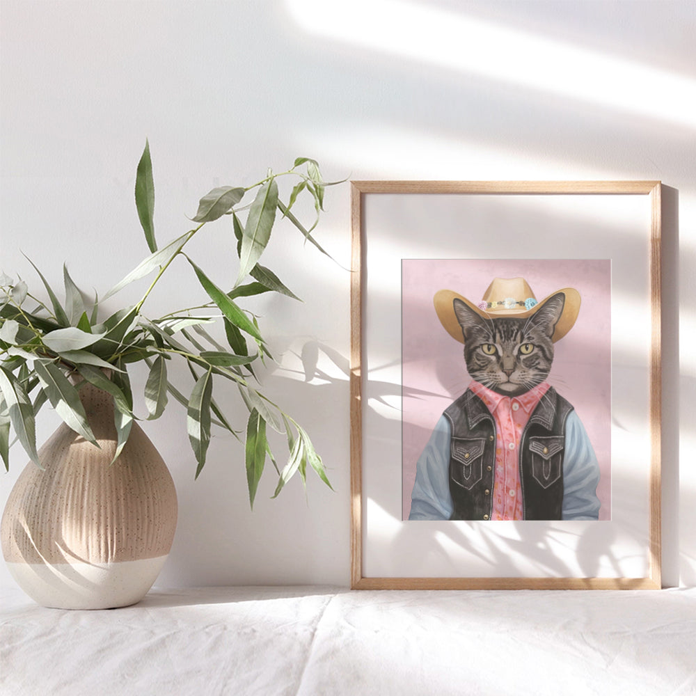 Pink Cowgirl Cat Decor - Cute Cat Western Decor - Cat Themed Farmhouse Style Rustic Wall Art for Girls, Cat Mom - Country Home Decor - Tabby cat Wall Decor, Cat Poster - Cat Lover Gifts for Women