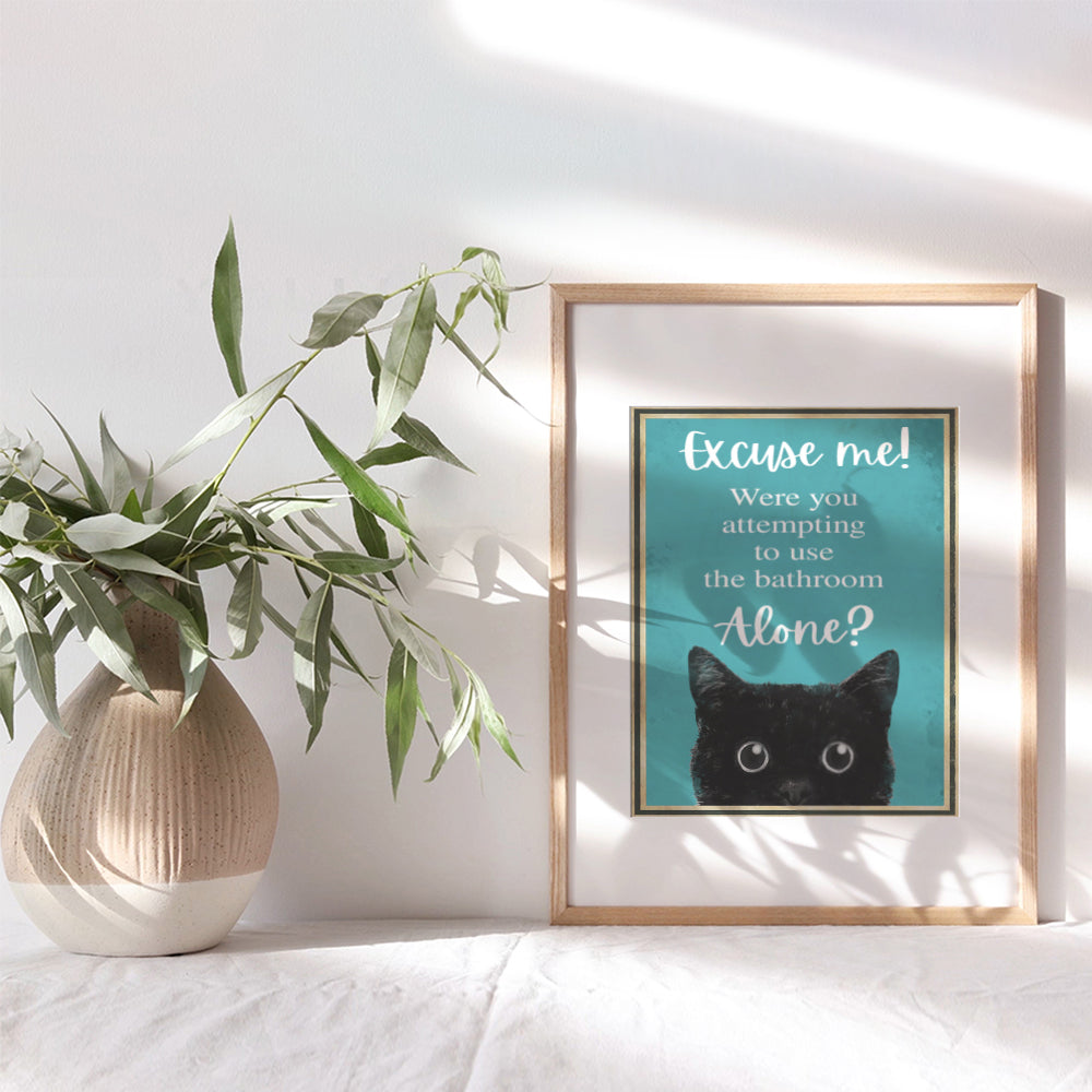 Funny Cat Restroom Sign - Guest Bathroom Decor for Women - Small Bathroom Wall Art - Blue Bathroom Decorations - Unique Powder room Decor - Cute Lover Gifts - Cat Bathroom Wall Decor