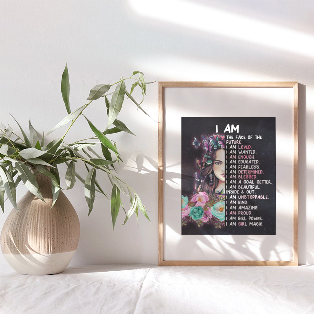 Tween Girl Inspirational Wall Art - I Am - Teen Girl Room Decor - Motivational poster for Little Girl Bedroom Decor - positive affirmation Wall Decor - Quotes for Girl Room Decor - Unframed