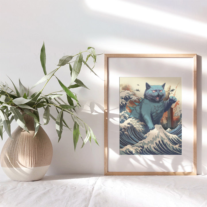 Funny Cat Wall Decor - Cat Dad & Cat Mom Gifts - Cat Themed Cute Cat Poster - Cat Wall Art Decor - Cat Gift for Cat Lovers - Retro Vintage Cat Decorations - The Great Wave off Kanagawa