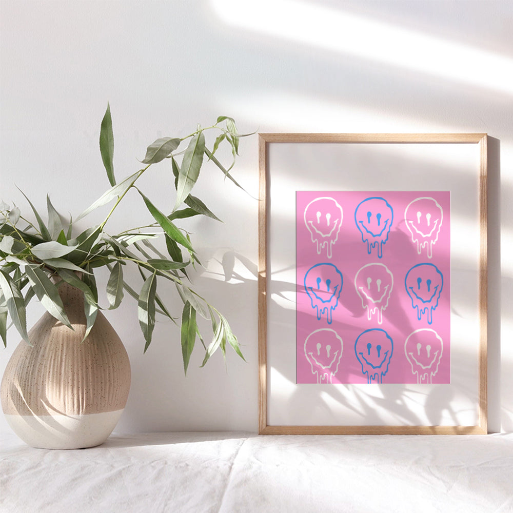 Smiley Face Wall Art & Decor - Yellowbird Art & Design Retro style Wall Decor - Pink Blue VSCO Preppy Room Decor - Pop art Funky Wall Decor - Eclectic Indie Trendy Room Decor - Girls Bedroom Dorm Room