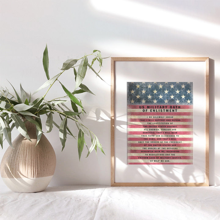 Patriotic American Flag Art - Military Oath of Enlistment - Gift for Soldiers, Veteran, Armed forces, Marines, Navy, Coast Guard - Patriotic Wall Decor - United States Flag, Motivational Quotes