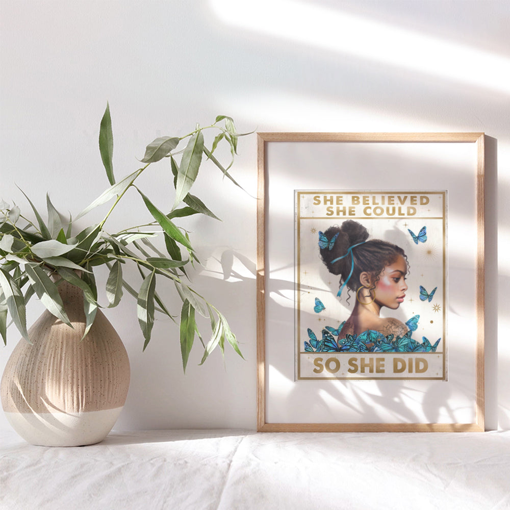 Black Girl Inspirational Wall Decor - She Believed She Could So She Did Wall Art - African American Wall Art - Positive Motivational Quotes - Blue Bedroom Living room Decor for African American Women