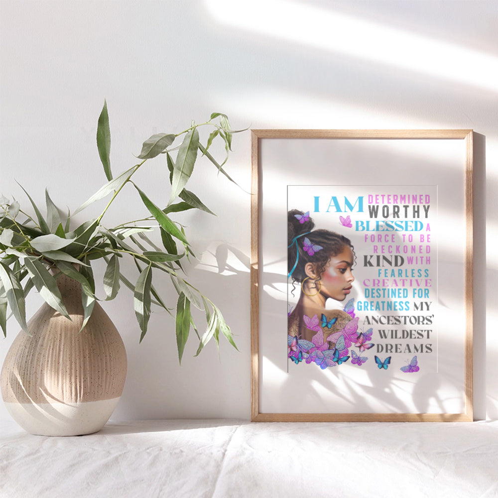 I Am positive Affirmations Decor - African American Wall Art - Inspirational Quotes Wall Decor - Motivational poster for Black Women, Black Girls Bedroom Decor, Teen Girls Room - positive Sayings