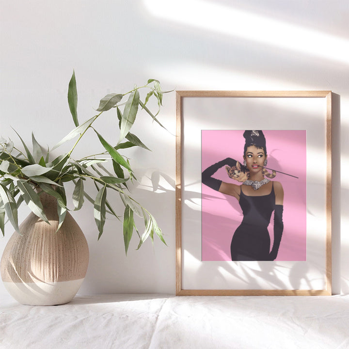 Black Woman Wall Decor - African American Wall Art - Gifts for African American Women, Girls - Audrey Hepburn Poster - Glam High Fashion Design Room Decorations - Classic Movies - Boho Decor - 8x10