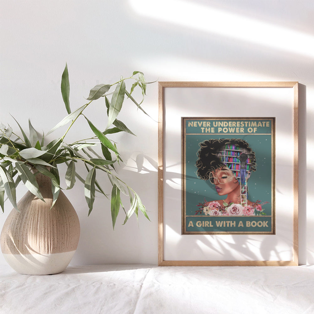 African American Classroom Decor - LARGE 11x14 - Never Underestimate a Girl With a Book Wall Art - African American Girl, Women - Inspirational Motivational Poster - Positive Quotes - Black Art