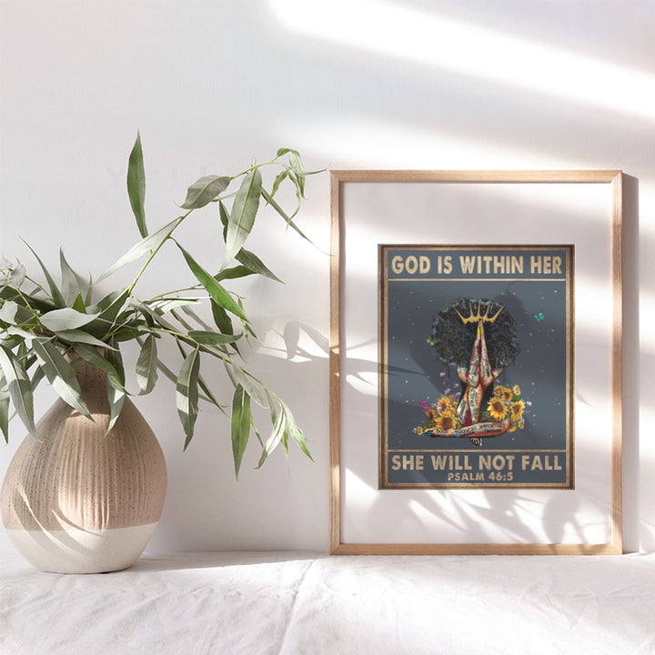 Religious Christian Gifts for Black Woman, African American Women, Girls - God is Within Her She Will Not Fall Wall Decor - Inspirational Boho Wall Art - Positive Quotes - Psalms Scripture Wall Art