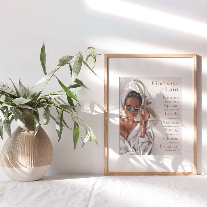 African American Women, Girls, Teens - Religious Black Art - God Says You Are - Chrisitan Scripture Encouragement Gifts - Motivational Designer Glam Bathroom Wall Decor - Inspirational Bible Verses