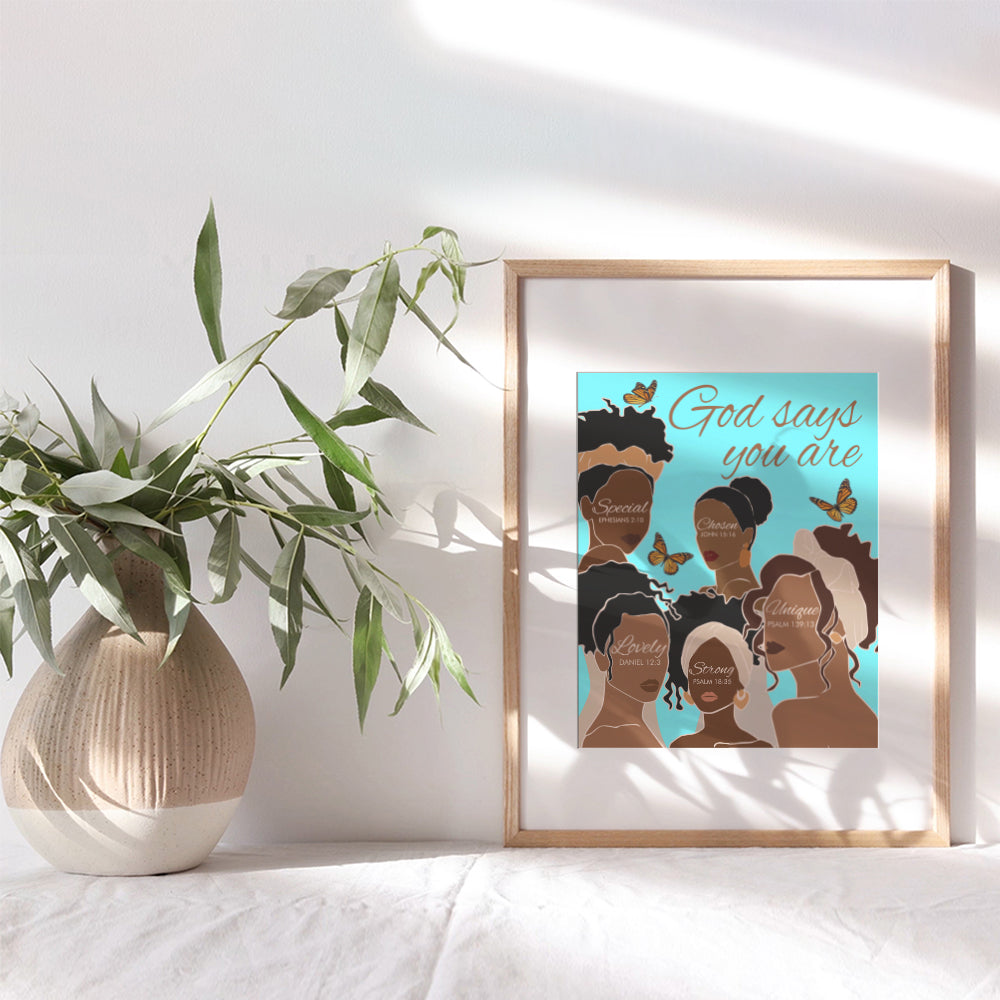 Black African American Women Wall Art & Decor - African American Girls - God Says You Are - Inspirational Christian Wall Decor- Spiritual Religious Gifts - Positive Quotes Bible Verses - Afro Wall Art