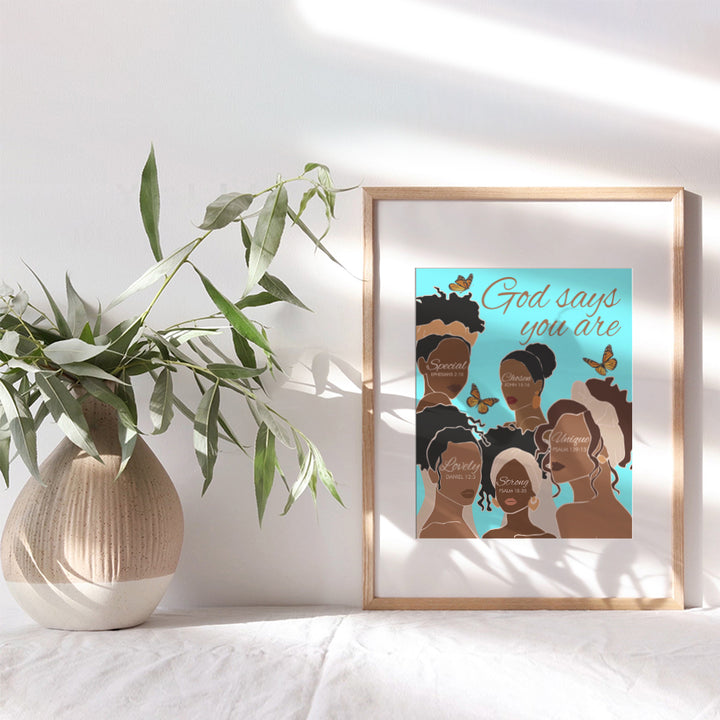 Black African American Women Wall Art & Decor - African American Girls - God Says You Are - Inspirational Christian Wall Decor- Spiritual Religious Gifts - Positive Quotes Bible Verses - Afro Wall Art