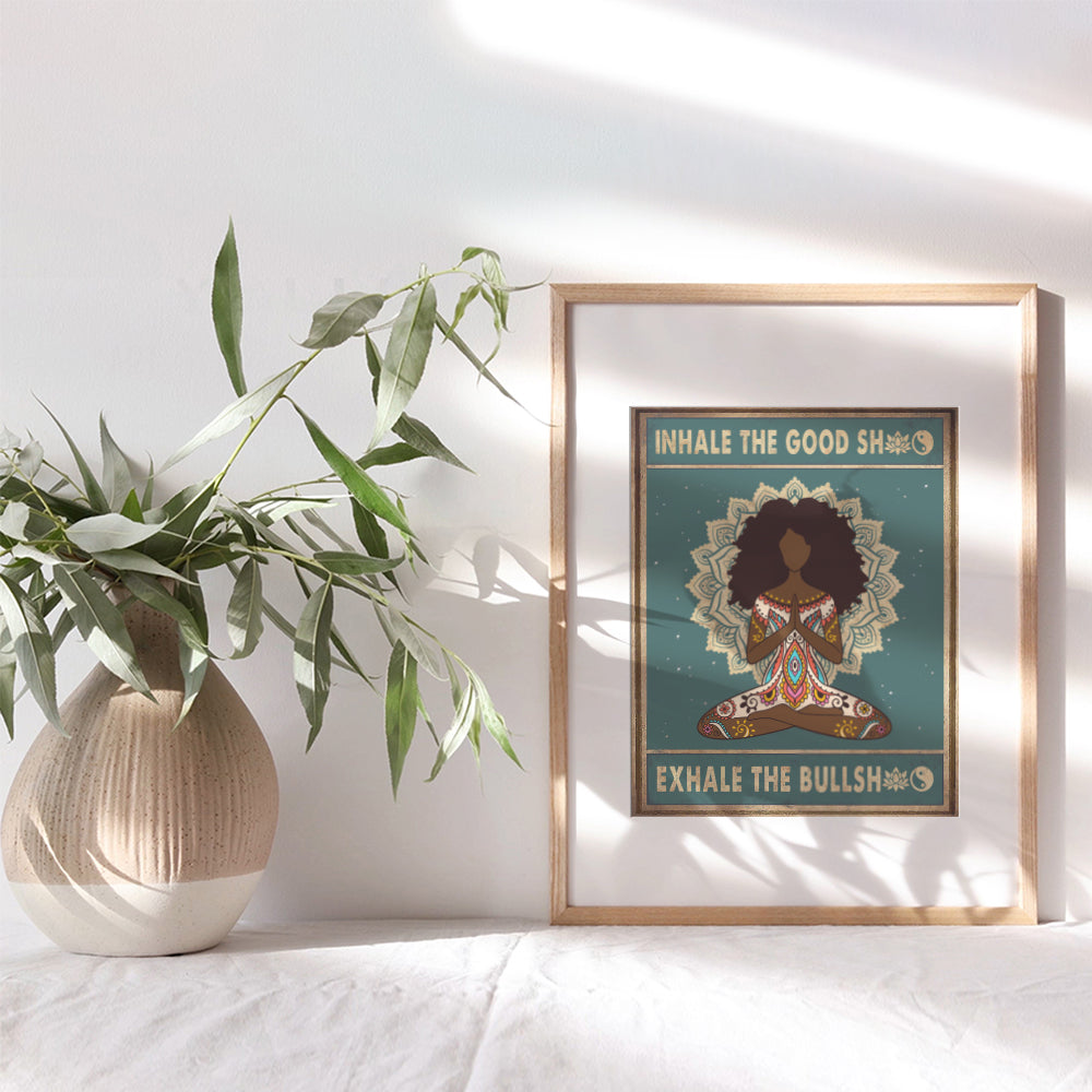 Inhale Exhale African American Wall Art - Afro Black Art - Yoga Wall Art - Meditation Gifts - Bohemian Hippie Room Decor for Women, Buddhist - Funny New Age Zen Poster 8x10 - Buddhism Boho Decorations