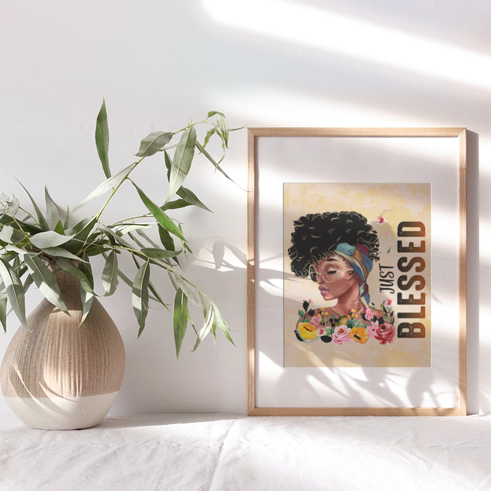 Black Women Woman Wall Art - Blessed Wall Decor - African American Girl Poster Picture Print - Bedroom, Living Room, Home Office, Bathroom - Cute Boho Inspirational Positive Motivational Friend Gifts