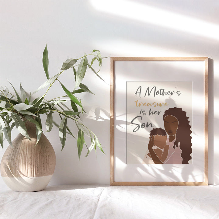 Black African American Women Decor - Little Boys Room Wall Art - Boho Abstract Minimalist Mid Century Modern Nursery Decor - Baby Shower Gifts - Mother Son - Toddler Boys Bedroom Poster Picture