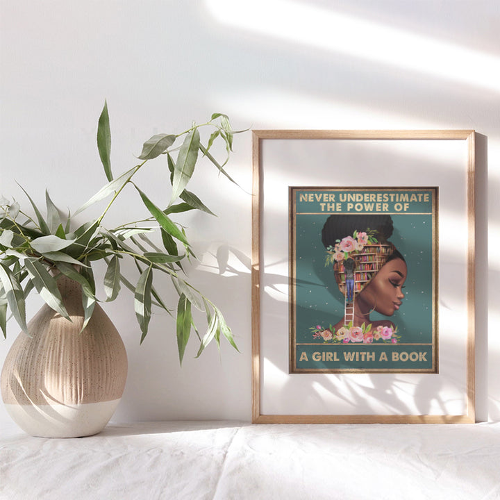 Inspirational African American Wall Art & Decor - Motivational Classroom Decor - Black Art- Black Woman Poster - African American Girl, Women - Never Underestimate a Girl With a Book - Positive Quotes