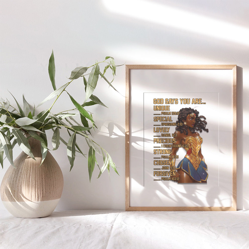 Black Wall Art Woman - African American Women, Girls - God Says You Are Christian Wall Decor - Inspirational Motivational Quotes - Positive Affirmations - Bible Verses - Religious Gifts -8x10 Unframed