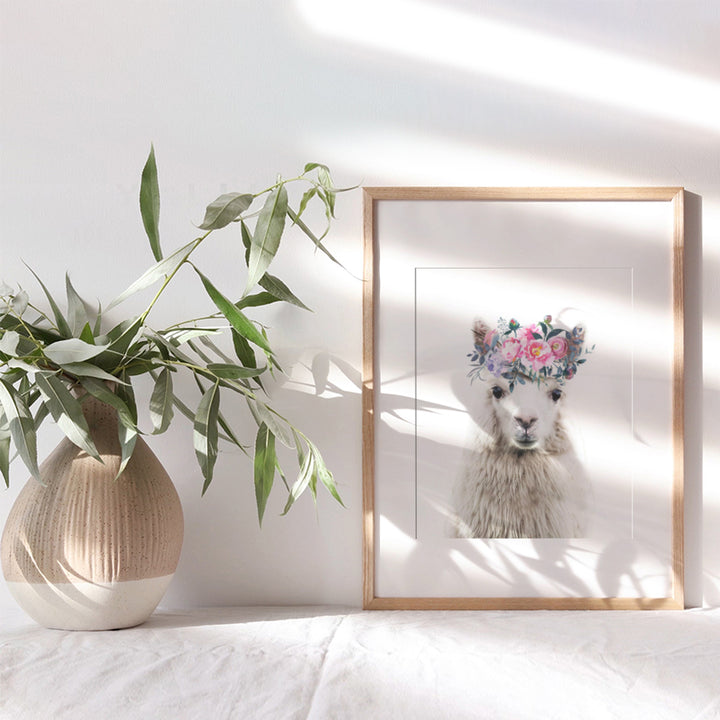 Baby Llama Wall Decor - Flower Crown Alpaca Wall Art Decoration for Girls Bedroom, Kids Room, Nursery - Cute Gift - Boho Shabby Chic Picture - 8x10 UNFRAMED Photo Poster