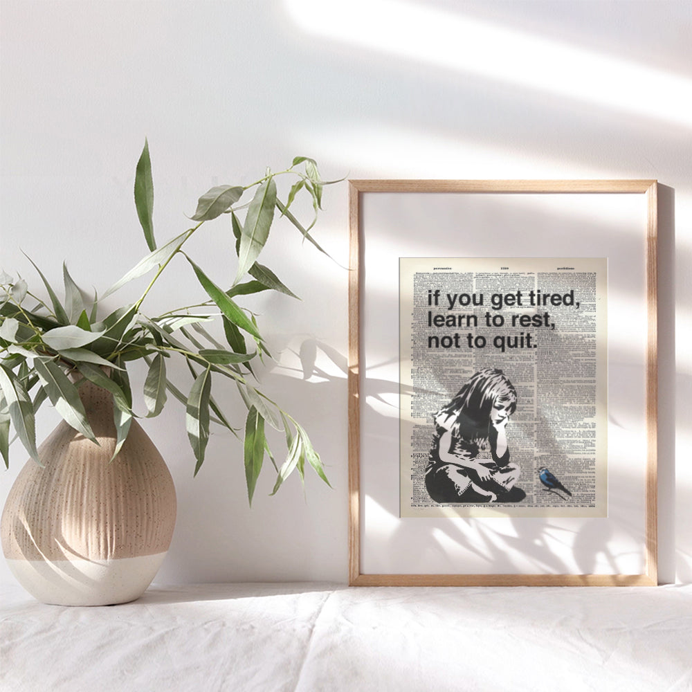 Banksy Rest Don't Quit - Unframed Dictionary Wall Art Print - Makes a Great Gift for Home Decor, Living Room, Bedroom - Ready to Frame (8X10) Vintage Photo - Girl with Bird