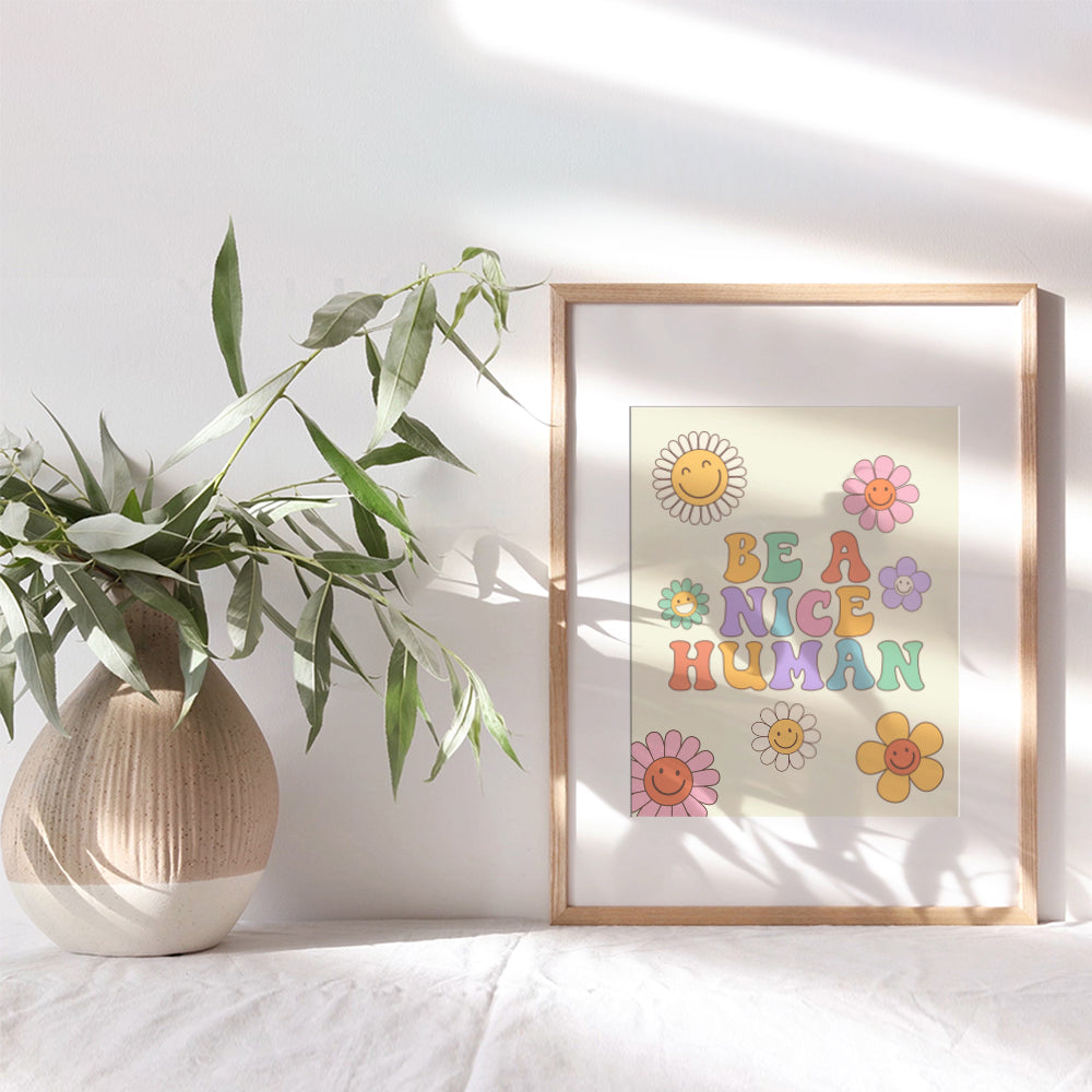 Preppy Trendy Room Decor - Be a Nice Human - 70s Retro style Happy Quotes Wall Decor Pop art Wall Decor Poster - Cute Indie Funky Wall Decor - Eclectic Wall Art - Girls Kids Bedroom Decor Aesthetic