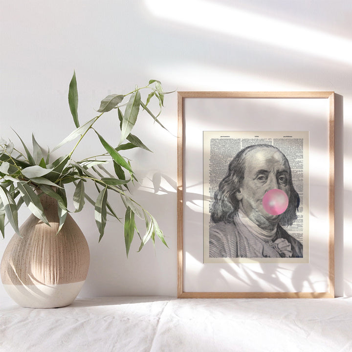 Ben Franklin - Benjamin Franklin - Funny Wall Decor for Living Room, Bedroom, Dorm - Unique Original Bubble Gum Wall Art - Hundred Dollar Bill Room Decor - Dictionary Art - Gag Gift