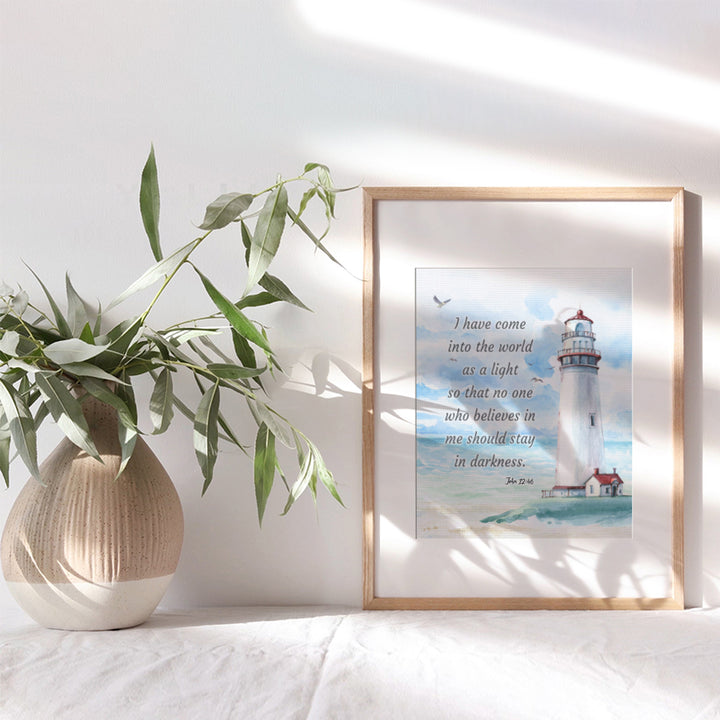 Nautical Seaside Lighthouse Christian Wall Art - Religious Scripture Bible Verse Gift - Ocean Home Decoration, Bathroom Wall Decor - Print for Beach House, Restroom, Living Room, Bedroom - Blue 8x10