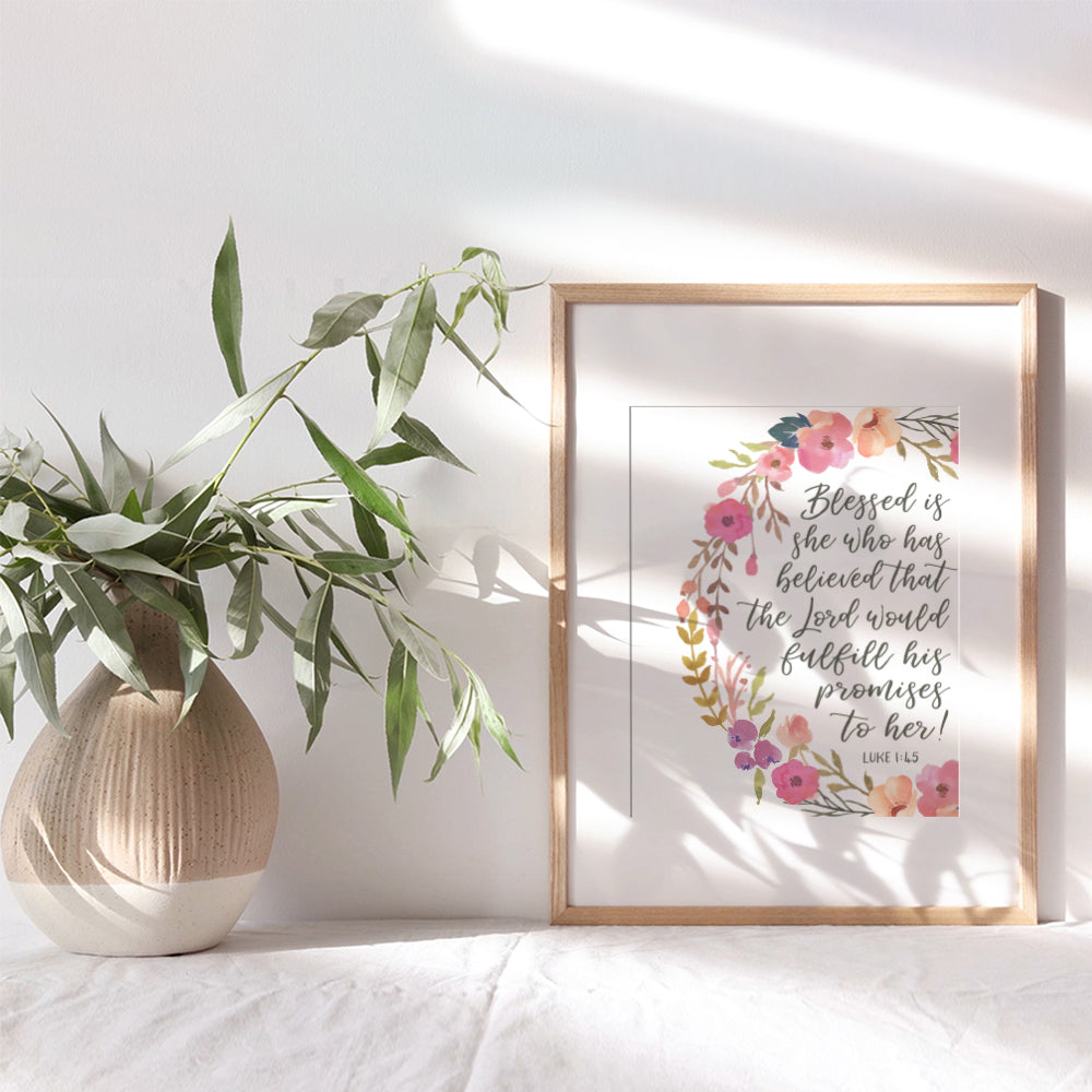 Blessed is She - Positive Quotes Inspirational Bible Verse Religious Wall Art - Christian Gift for Women, Teens, Girls - Blessed Scripture Wall Decor for Bedroom, Living Room, Bathroom - 8x10 Poster