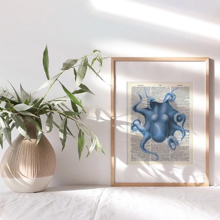 Blue Octopus Upcycled Dictionary Wall Art Print - 8x10 Vintage Unframed Photo - Perfect For Beach House Home Decor and Easy Gift Giving