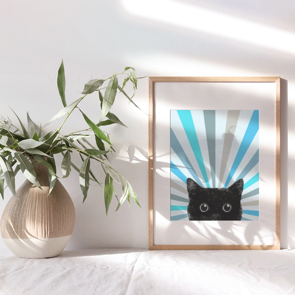 Cat Wall Decor Boho Wall Art - Blue Vintage Retro Boho-chic Minimalist Mid Century Room Decor - Farmhouse Boho Wall Decor - Chic Cute Black cat Poster, Cat Stuff, Cat Mom, Cat Themed Gifts for Women